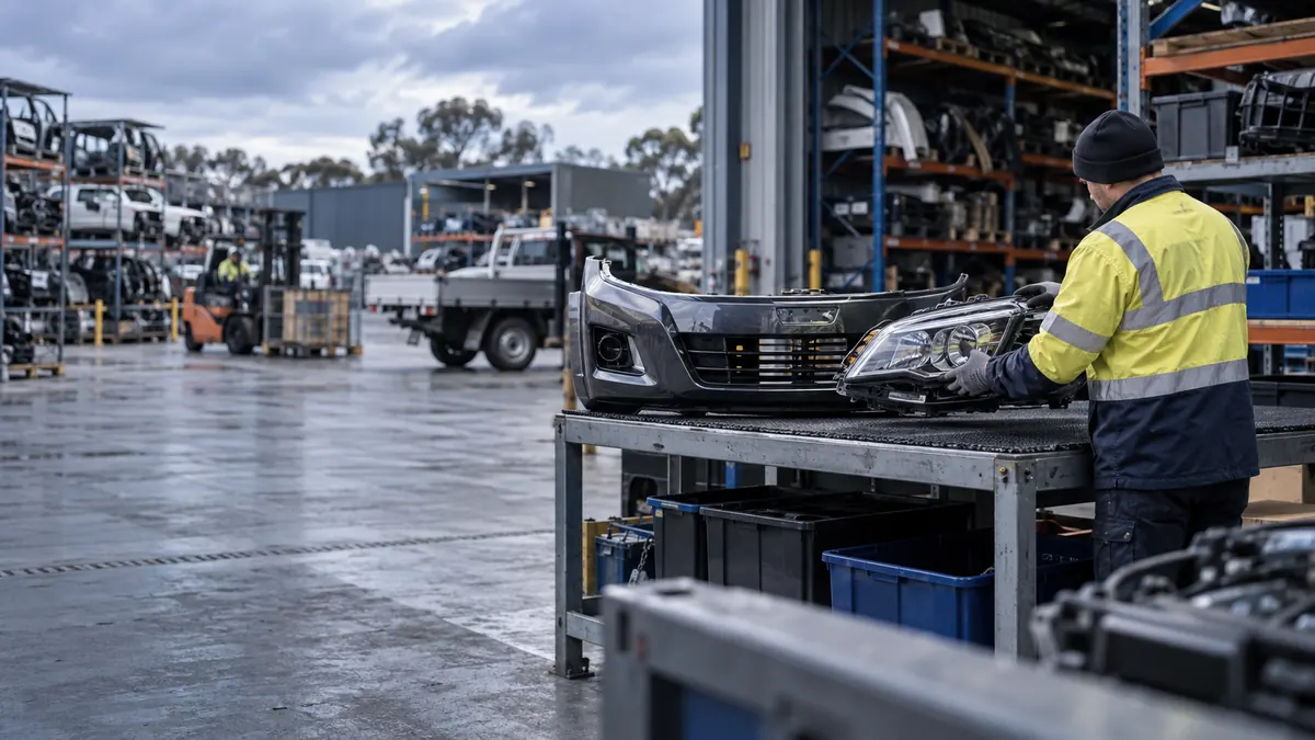 Editorial image of a recycled-parts worker preparing a vehicle bumper at a wrecker yard