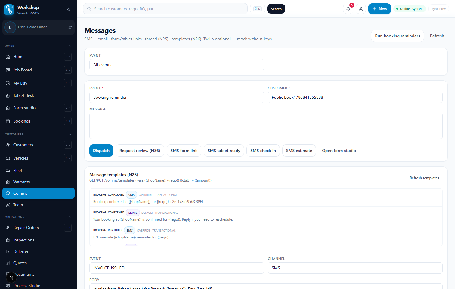 Messages inbox with SMS form-link and tablet-ready dispatch