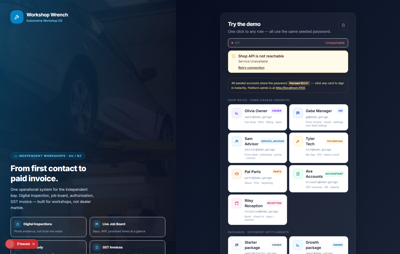 Workshop Wrench owner dashboard with attention list and live shop KPIs