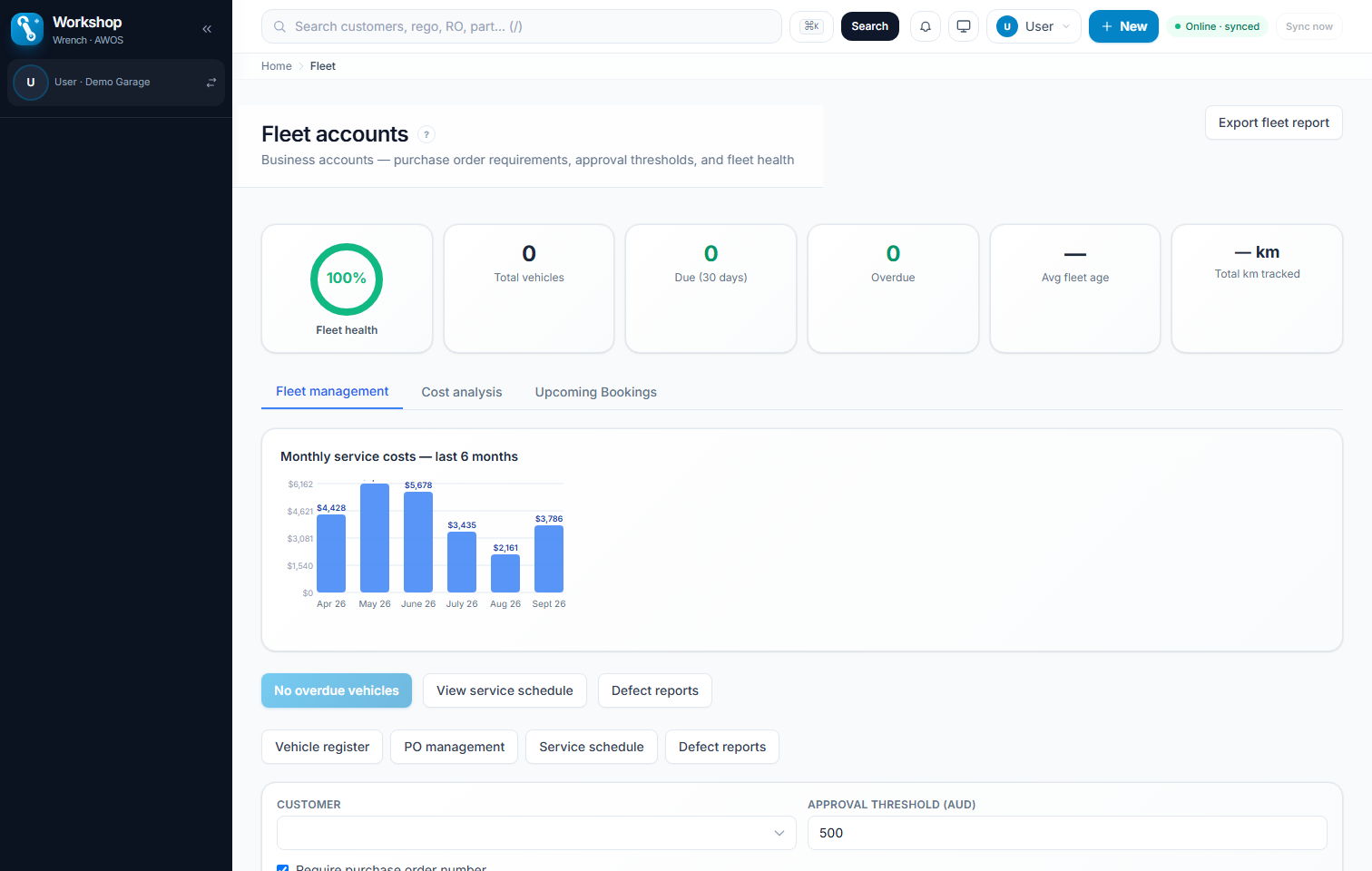 Fleet accounts shell with PO thresholds