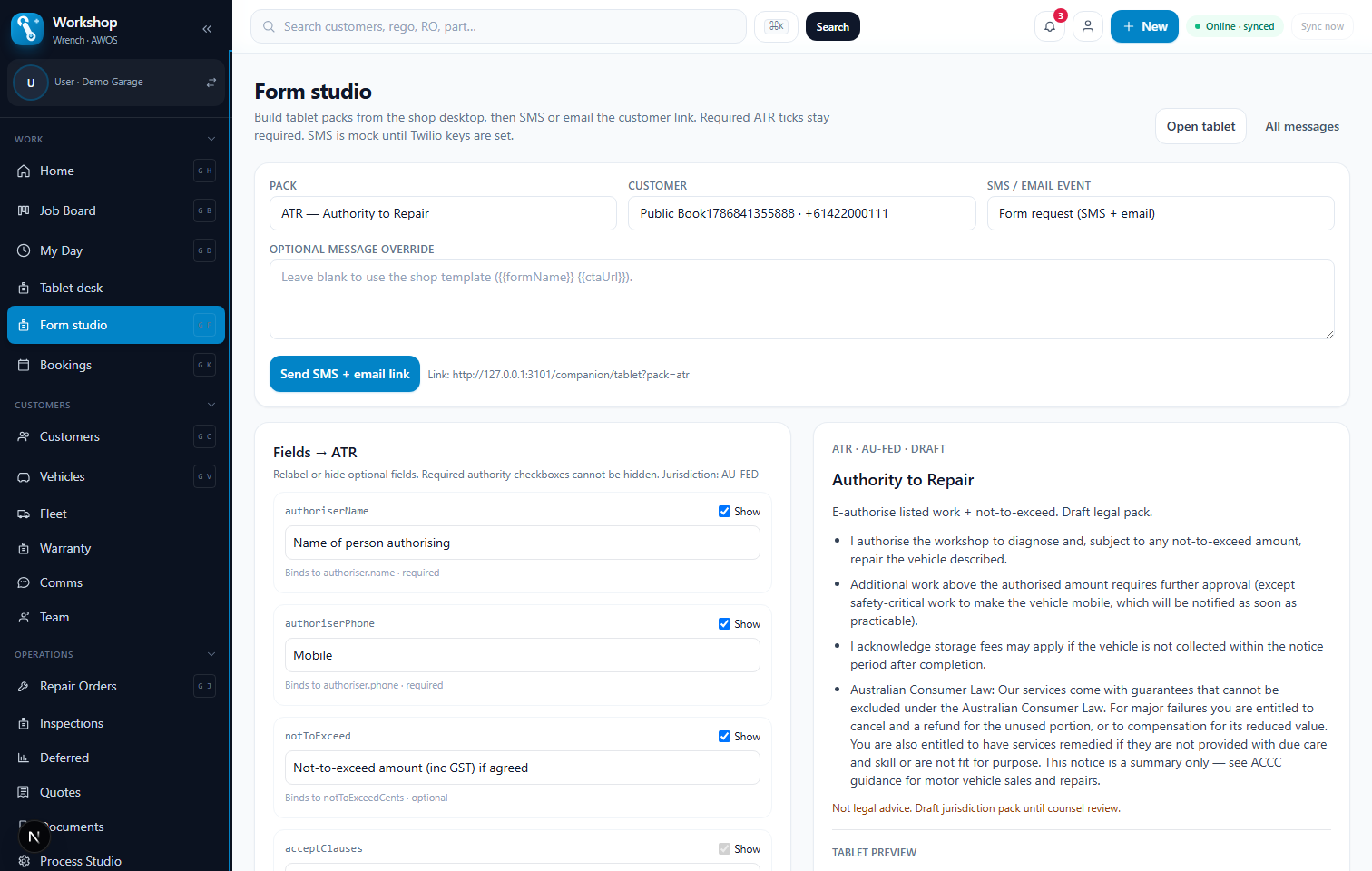 Form studio for building tablet packs and sending SMS form links