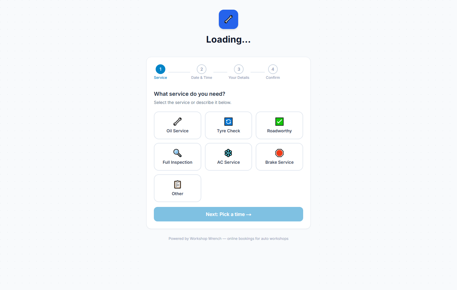 Public online booking page for demo garage