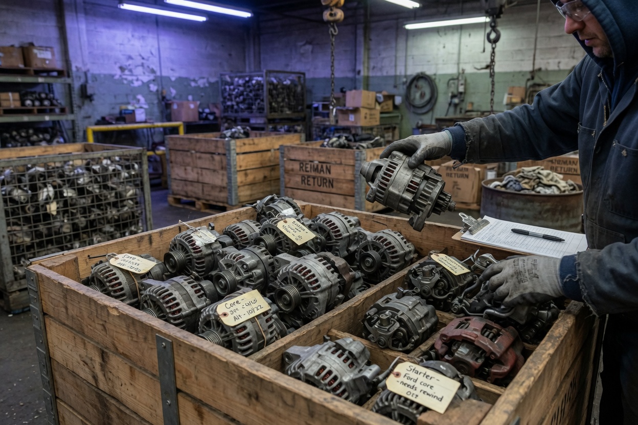Gloved worker sorting used alternators, starters and calipers in a core-return stillage