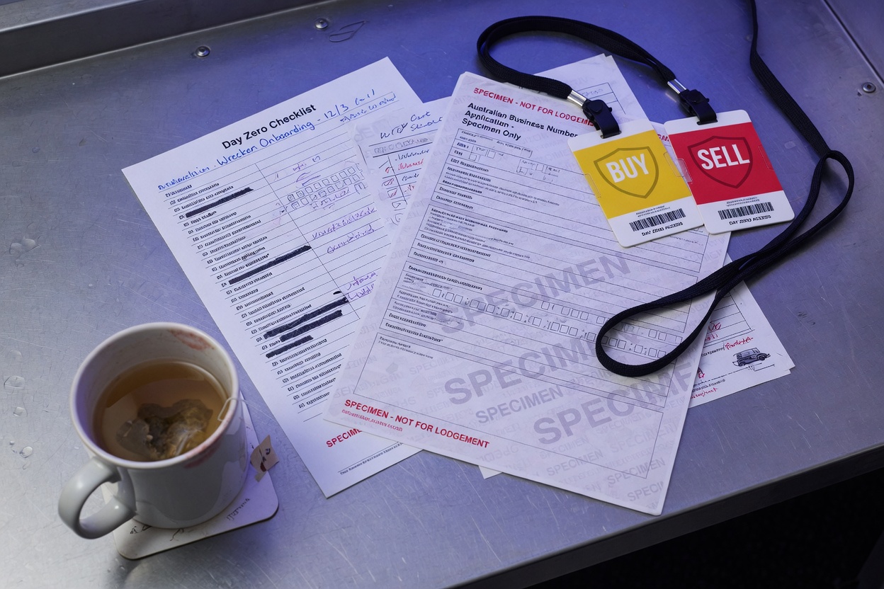 Specimen ABN form, Day-0 wrecker checklist, and buy and sell lanyard badges on a steel desk