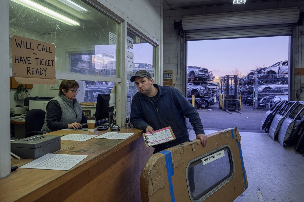 Will-call counter for walk-in customers at a wrecker yard